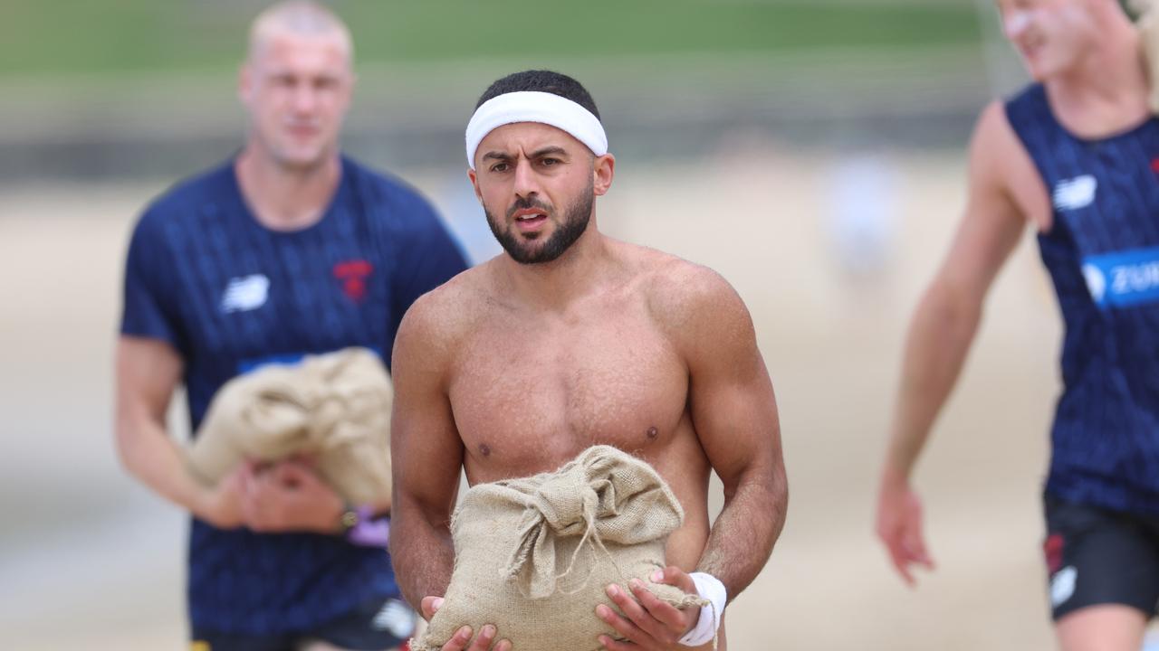 Defender Christian Salem competes in a team training day at Lorne Beach in December. Picture: Brendan Beckett