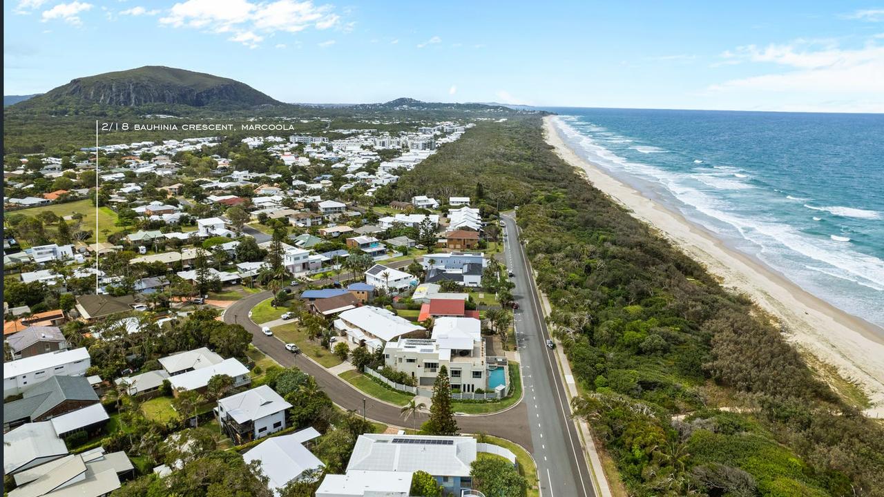 A two-bedroom unit at 2/18 Bauhinia Crescent, Marcoola, has been listed with a price guide of $850,000. The suburb has been named among those where median prices have grown the least in Queensland.