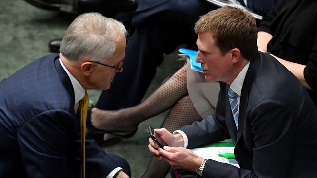 Prime Minister Malcolm Turnbull and Attorney-General Christian Porter during Question Time in the House of Representatives at Parliament House in Canberra. Picture: AAP Image/Mick Tsikas