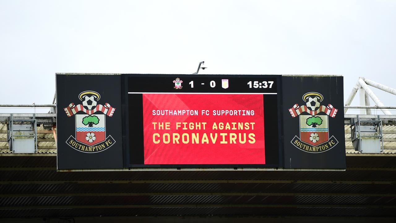 An LED screen shows Southampton's support against the coronavirus during the Premier League match between Southampton FC and Aston Villa at St Mary's Stadium on February 22, 2020 in Southampton, United Kingdom. Picture: Alex Broadway/Getty Images