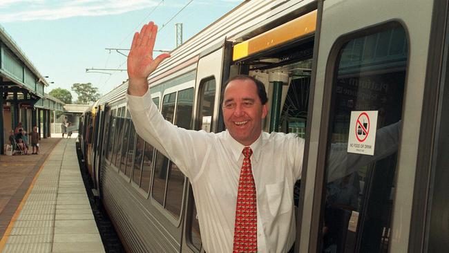 December 16, 1997: Premier Rob Borbidge on train at opening of Nerang Station extension. Picture: Paul Riley