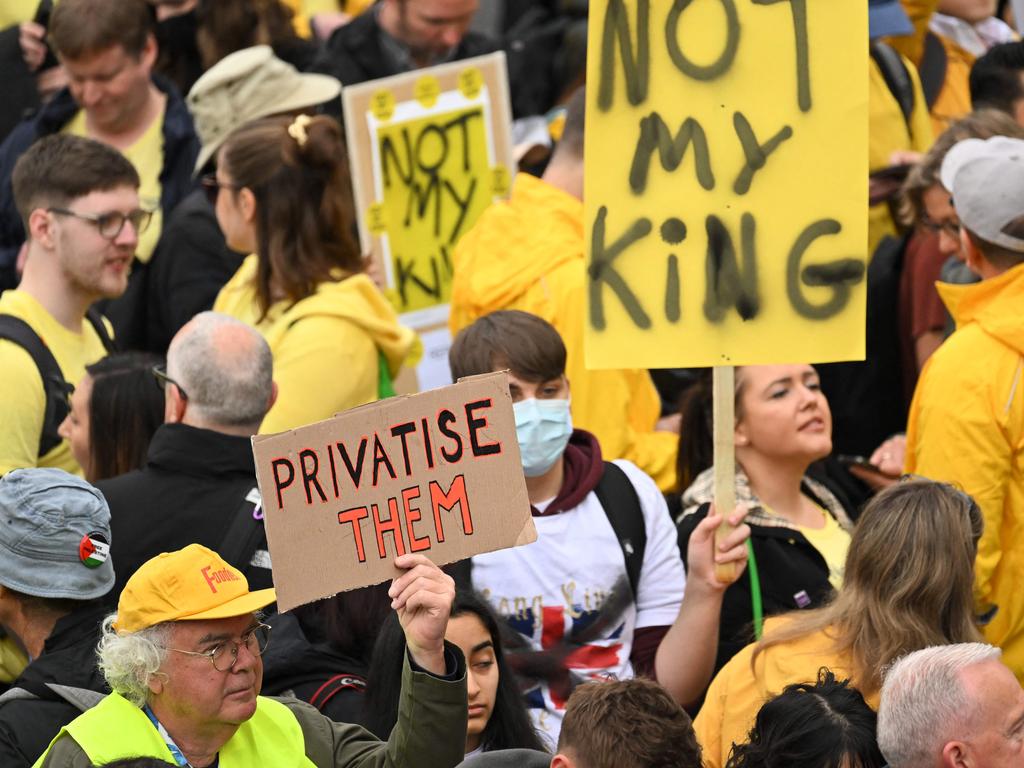 Protesters hold up placards saying 'Not My King' in Trafalgar Square close to where Britain's King Charles III and Britain's Camilla, Queen Consort will be crowned. Picture: Sebastien Bozon/AFP