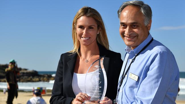 Candice Warner was inducted into the Surfing Walk of Fame in 2017. She received an award from then-mayor Noel D’Souza. Picture: Joel Carrett