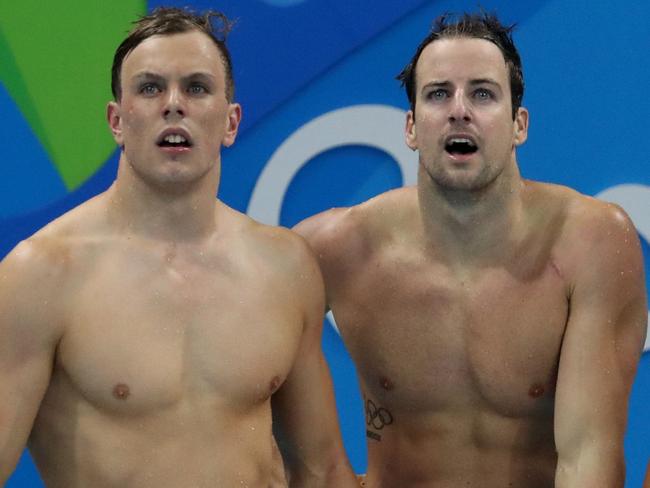 The Australian Men's 4x100 Freestyle Relay team of James Roberts, Cameron McEvoy, James Magnussen and Kyle Chalmers in action during the night finals at the Olympic Aquatic Centre in Rio. Pics Adam Head