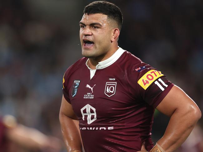 SYDNEY, AUSTRALIA - JULY 12:  David Fifita of the Maroons reacts during game three of the State of Origin series between New South Wales Blues and Queensland Maroons at Accor Stadium on July 12, 2023 in Sydney, Australia. (Photo by Mark Kolbe/Getty Images)