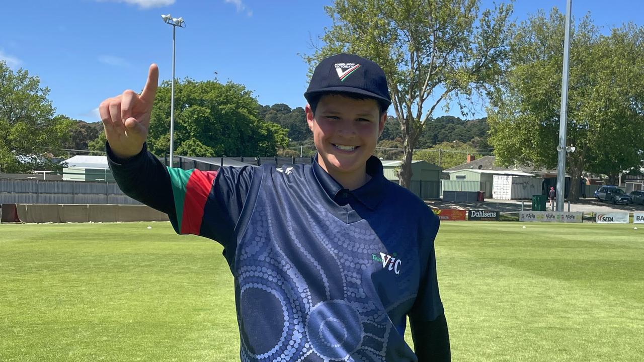 Victoria White player Dhanush Dahiya hit a six in the final over to win the game for his team at the School Sport cricket national titles. Picture: Shane Jones.