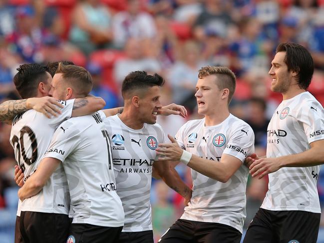 NEWCASTLE, AUSTRALIA - DECEMBER 15: Adrian Luna of Melbourne City celebrates his goal with team mates during the round 10 A-League match between the Newcastle Jets and Melbourne City at McDonald Jones Stadium on December 15, 2019 in Newcastle, Australia. (Photo by Ashley Feder/Getty Images)