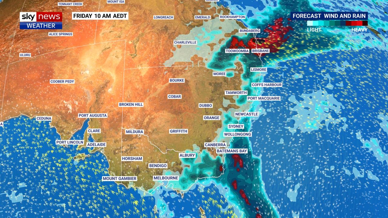 The east coast is looking at 10 days of rain this week. Picture: Sky News Weather.