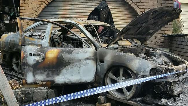 One of the cars destroyed in the fire overnight at Walhalla Drive, Ringwood East.