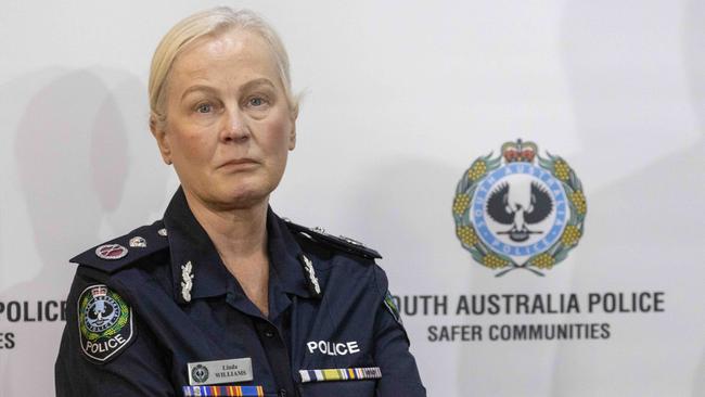 Ms Williams at a press conference after Commissioner Grant Steven’s son Charlie was hit by a car during Schoolies celebrations. Picture: NCA NewsWire/Kelly Barnes