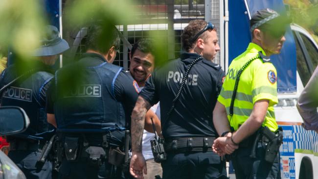 Jonathan Wesley was arrested outside mother Dianne Hewitt's Gardenia St, Nightcliff residence about 1.15pm Tuesday. It followed a 27-hour siege. Picture: Pema Tamang Pakhrin