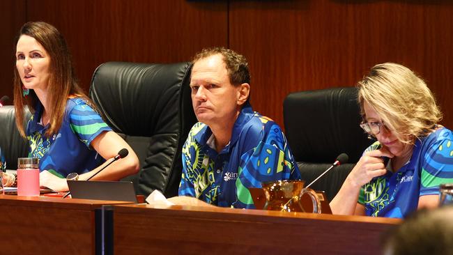 Cairns Regional Council mayor Amy Eden and her former campaign advisor, now interim chief executive John Andrejic along with People and Organisational Performance director Christine Posgate at a Cairns Regional Council ordinary meeting. Picture: Brendan Radke