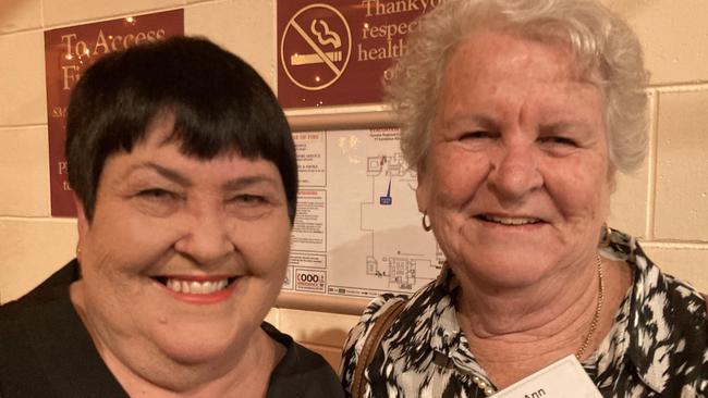 Bernadette O'Neill and Anne Williams celebrate the 50th anniversary of the Rainbows Rugby League Football Club at its golden jubilee at the Gympie Showgrounds Pavilion on the night of June 3, 2023.