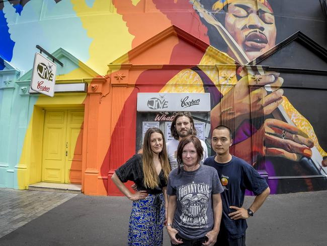 Sian Walden of Little Acorn Music, Dusty Stephensen of The Wanderers and West Thebarton’s Brian Bolado with Tam Boakes from iconic Adelaide live music venue Jive. Picture: Roy VanDerVeg