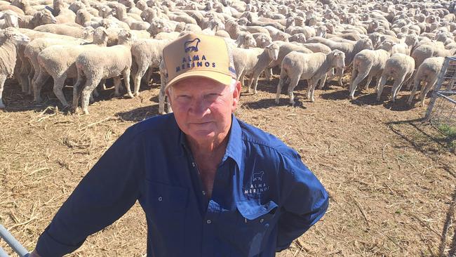 Graham Morphett from Alma Merinos at Booligal, NSW, with some of his young ewes for sale at the Hay sheep sale which made to $192.