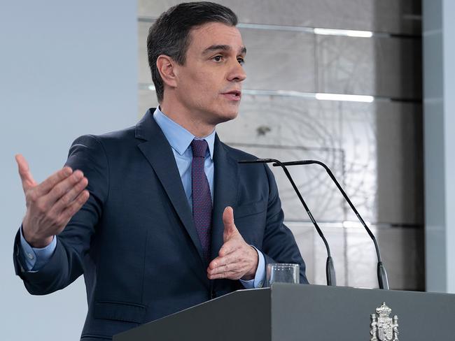 Spanish Prime Minister Pedro Sanchez speaks to the media. Picture: AFP.