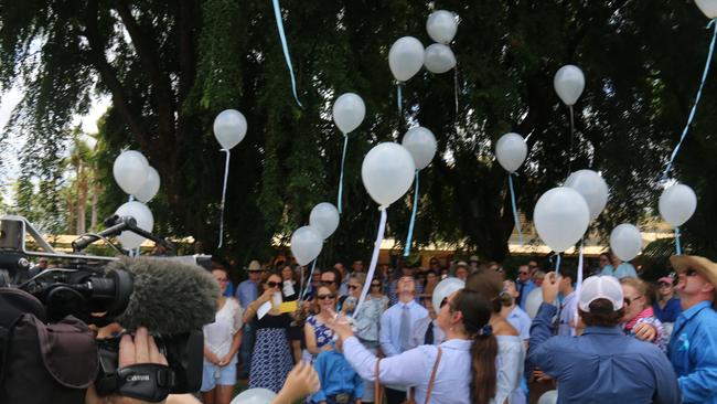 Family and friends release balloons at the memorial of Amy 'Dolly' Everett, who died by suicide last week. PICTURE: Supplied