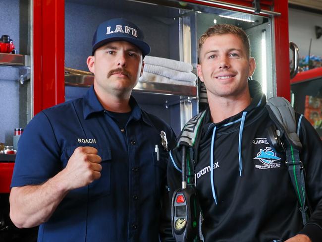 Blayke Brailey (right) at a visit of the Westlake District Fire Department. Credit: Supplied.