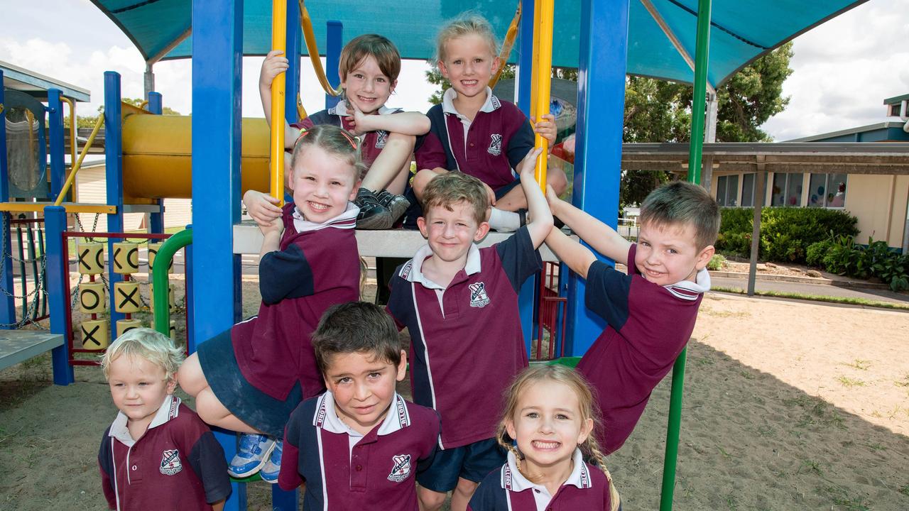 MY FIRST YEAR 2024: Allora State School Prep students (back) Fletcher and Mackenzie, (middle row, from left) Lily, Archie and Oscar and (front row, from left) Jake, Beau and Dekoda, February 2024. Picture: Bev Lacey