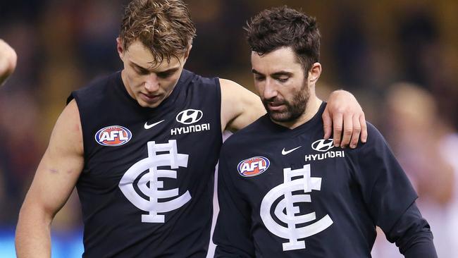 Patrick Cripps and Kade Simpson after a loss. Picture: Michael Klein