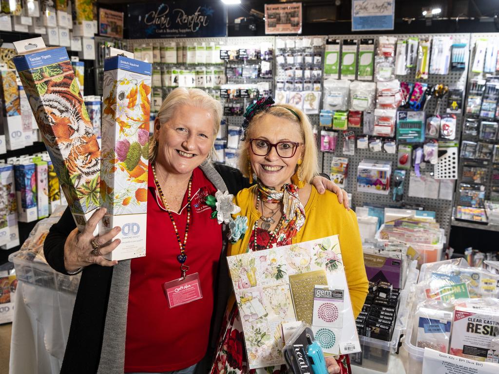 Chain Reaction Qld owners Karlene Robinson (left) and Inge Anderson at their display at Craft Alive at the Goods Shed, Saturday, May 21, 2022. Picture: Kevin Farmer