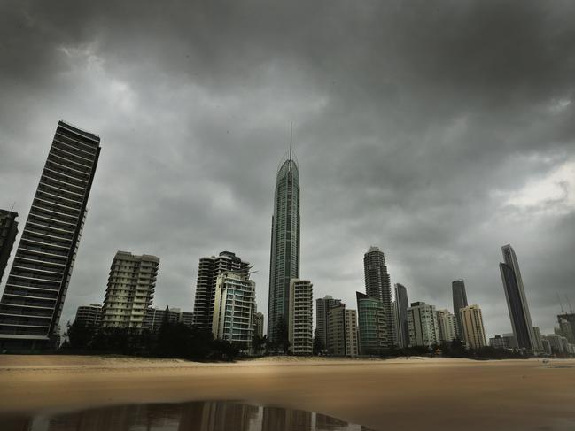 Storm Clouds gather over Surfers Paradise this afternoon as storms roll in from the South west.. Picture Glenn Hampson