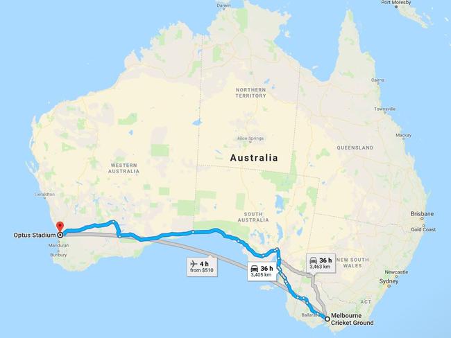 It’s a 36-hour drive — withour breaks — from the MCG to Perth Stadium, according to Google maps.