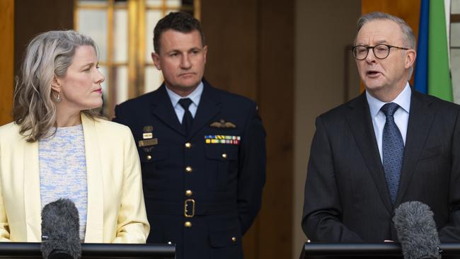 Cyber Security Minister Clare O’Neil and Prime Minister Anthony Albanese announce Air Marshal Darren Goldie as Australia’s first Cyber Security Coordinator. Picture: NCA NewsWire/Martin Ollman