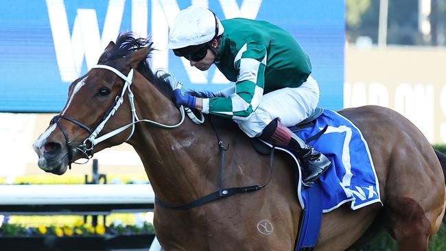 SYDNEY, AUSTRALIA - AUGUST 24: Kerrin McEvoy riding Via Sistina wins Race 8 Winx Stakes during Winx Stakes Day - Sydney Racing at Royal Randwick Racecourse on August 24, 2024 in Sydney, Australia. (Photo by Jeremy Ng/Getty Images)