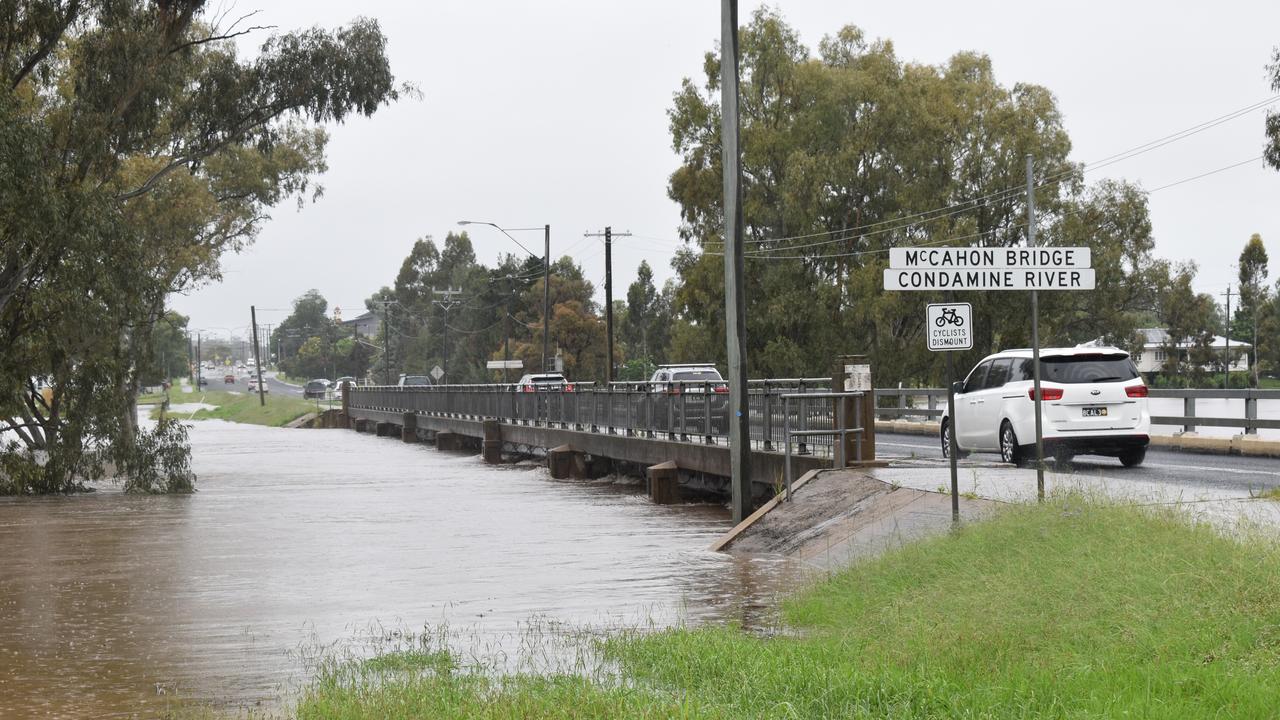 The Condamine River at Warwick almost lapping at McMahon Bridge on Victoria Street. Picture Jessica Paul / Warwick Daily News