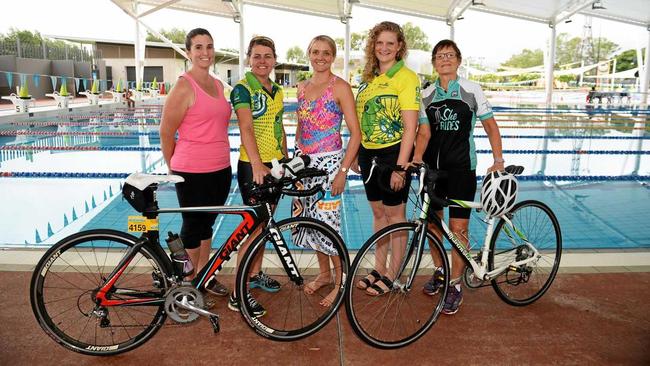 SWIM, RIDE, RUN: Jade Campbell, Veronica Mills, Kirrily Stewart, Kristina Sand and Karen Arnold will compete in the Fitzroy Frogs women's only triathlon in Rockhampton on Sunday. Picture: Allan Reinikka ROK280319atri1