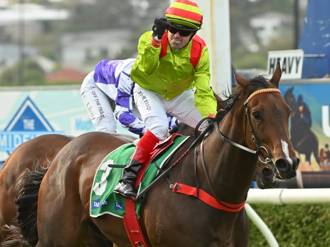 WARRNAMBOOL, AUSTRALIA - MAY 03: Dean Yendall riding Outlaws Revenge winning Race 8, the The Midfield Group Wangoom Handicap, during Galleywood Hurdle Day on May 03, 2023 in Warrnambool, Australia. (Photo by Vince Caligiuri/Getty Images)