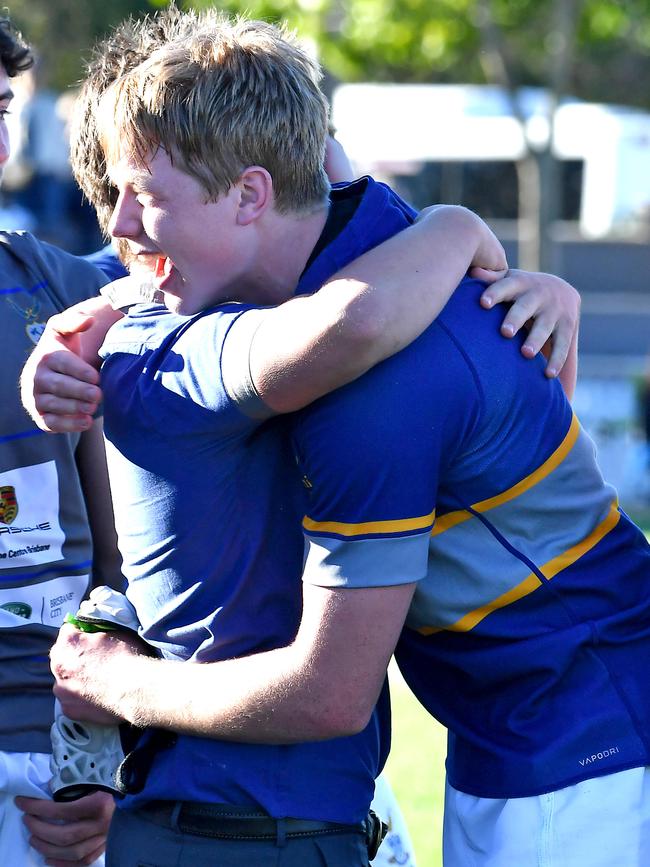 Churchie players celebrate a the win over TSS. Picture, John Gass