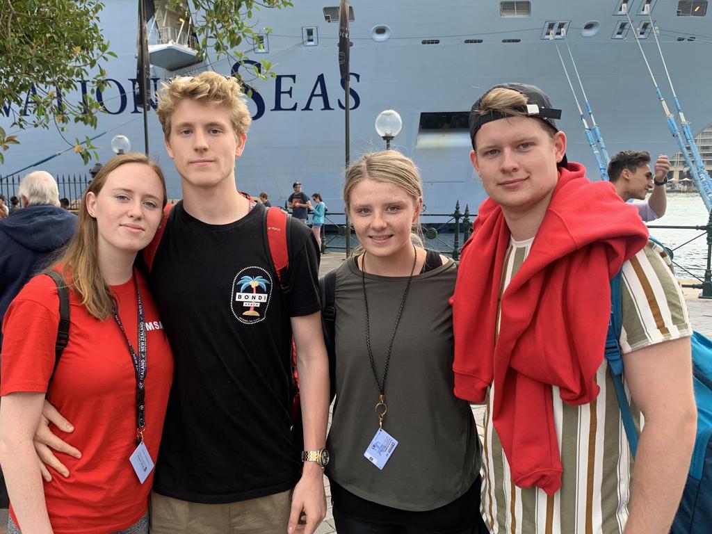 L-R Jess Smithies, Jack Read, Caitlyn O'Connor and Nathan Cvetovac who were on-board Royal Caribbean cruise liner Ovation of the Seas following the White Island disaster. Picture: Benedict Brook/news.com.au