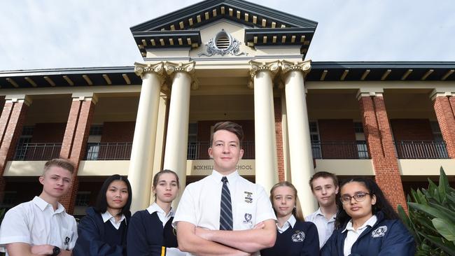 Box Hill High Scool Year 11 and 12 school leaders Max, Adeline, Anna, School Captain, Tom, Phoebe, Elliot and Roshni. Picture: Tony Gough