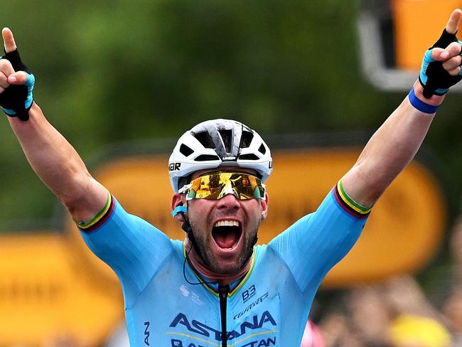 Mark Cavendish celebrates after winning stage five of the Tour de France. Picture: Getty Images