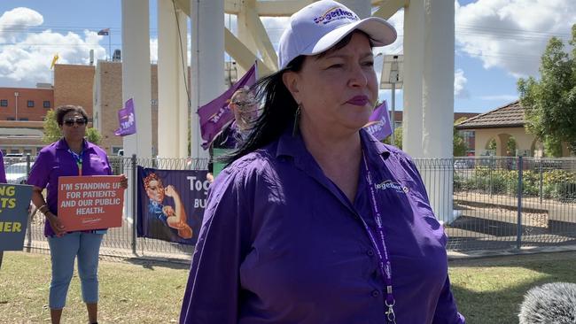 SPEAKING UP: Together lead organiser Allison Finley-Bissett speaks to the media at the Together Union protest outside the Bundaberg Hospital.