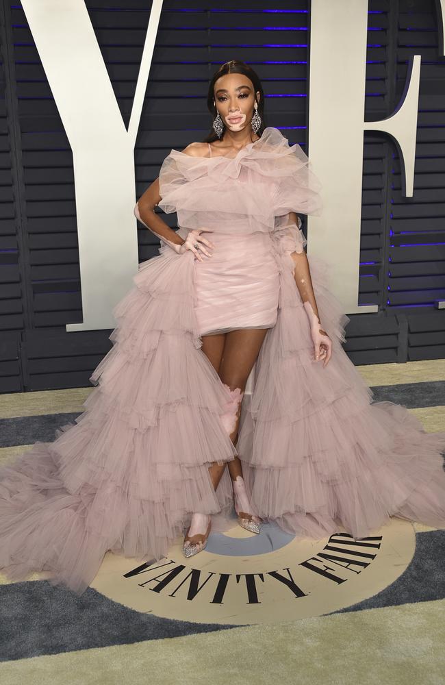 Georgia Louise’s client Winnie Harlow arrives at the Vanity Fair Oscar Party in a tulle Monsoori gown. Picture: AP