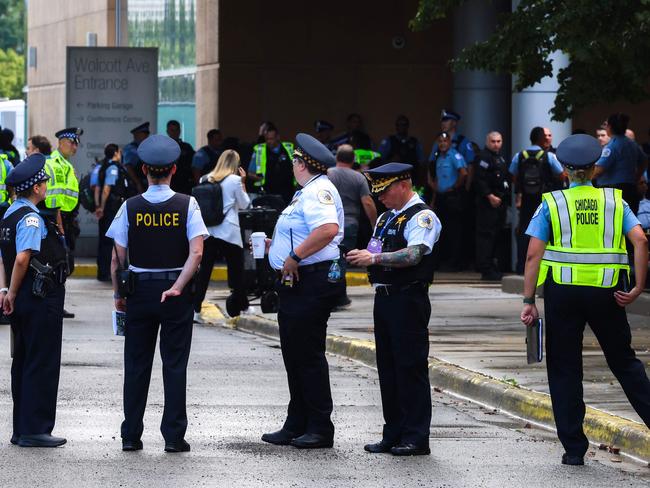 Police officers gather outside of Chicago’s United Centre ahead of the Democratic National Convention. Picture: AFP