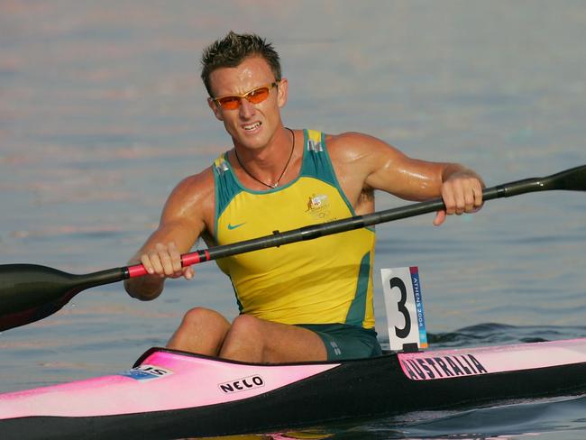 ATHENS - AUGUST 27:  Nathan Baggaley of Australia competes during the men's K-1 class 1,000 metre final on August 27, 2004 during the Athens 2004 Summer Olympic Games at the Schinias Olympic Rowing and Canoeing Centre in Athens, Greece. (Photo by Stuart Franklin/Getty Images)