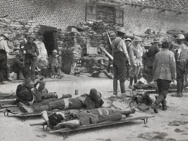 Wounded Australians at the 3rd Australian Division dressing station, on the first day of the battle for Messines, June 1917 Picture: National Library of Australia