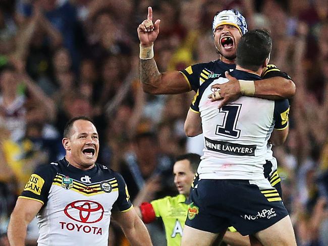 Best of 2015 for Sport - North Queensland Cowboys captain Johnathan Thurston celebrates kicking the winning field in golden point to give the Cowboys the NRL premiership defeating the Brisbane Broncos at ANZ Stadium. Picture. Phil Hillyard