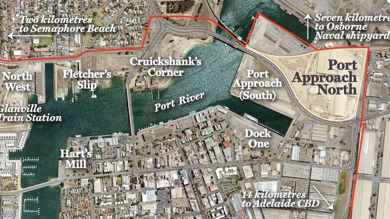 The plan for the Port Adelaide redevelopment. The bridge would link Dock One with Port Approach (South). Picture: Supplied