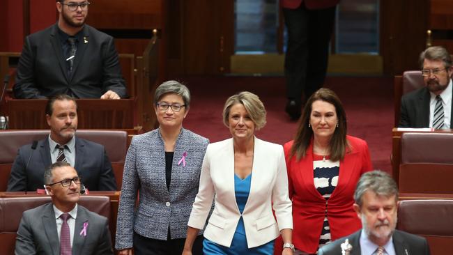 New Senator Kristina Keneally being sworn in, in the Senate Chamber, Parliament House in Canberra. (Picture Kym Smith)