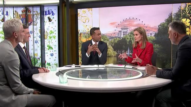 The ABC's panel during King Charles III's coronation including co-chair of the Australian Republic Movement Craig Foster, Liberal MP Julian Lesser, presenters Jeremy Fernandez and Julia Baird and Q+A host Stan Grant on May 6, 2023.