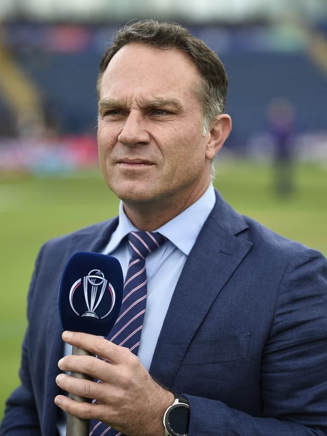 Michael Slater commentating before the ICC Cricket World Cup 2019 warm-up match between Bangladesh and India at Cardiff, Wales on May 28, 2019. Picture: Stu Forster-ICC/ICC via Getty Images