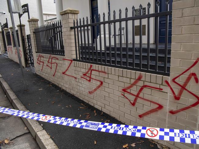 SYDNEY, AUSTRALIA - NewsWire Photos - JANUARY 11, 2025: Anti semitic attack on the Newtown Synagogue, Sydney. Crime scene has been established. Picture: NewsWire / Simon Bullard.