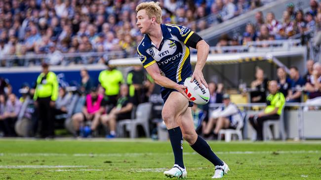 North Queensland Cowboys’ star playmaker Tom Dearden sporting the 2024 Charity Jersey in memory of the late, great Carl Webb against the Brisbane Broncos in Townsville on August 10. Stocks of the sell-out jersey are back on shelves in time for Christmas. Picture: Supplied