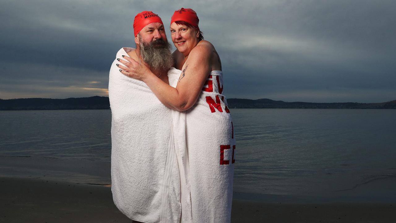 Rob Butler and Kathleen Moore of Hobart. Dark Mofo 2023 Nude Solstice Swim at Long Beach Sandy Bay. Picture: Nikki Davis-Jones