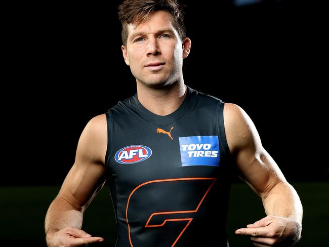 Toby Greene of the GWS Giants in the teams Never Surrender jumper which they will wear in the Sydney Derby this season when they take on the Swans on Saturday. Photo by Phil Hillyard